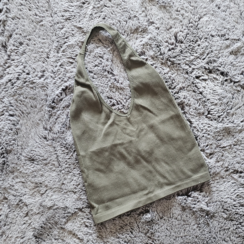 Urban Outfitters Olive Green Ribbed Cropped Halter Tank Top